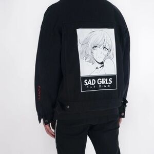 Animebae Collection Sad Girls Art Denim Jean Jacket Black Size Large Unisex Mens